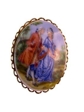 Gold-Tone Metal Hand-Painted Porcelain Scenic Brooch Multicolor Elegant Jewelry